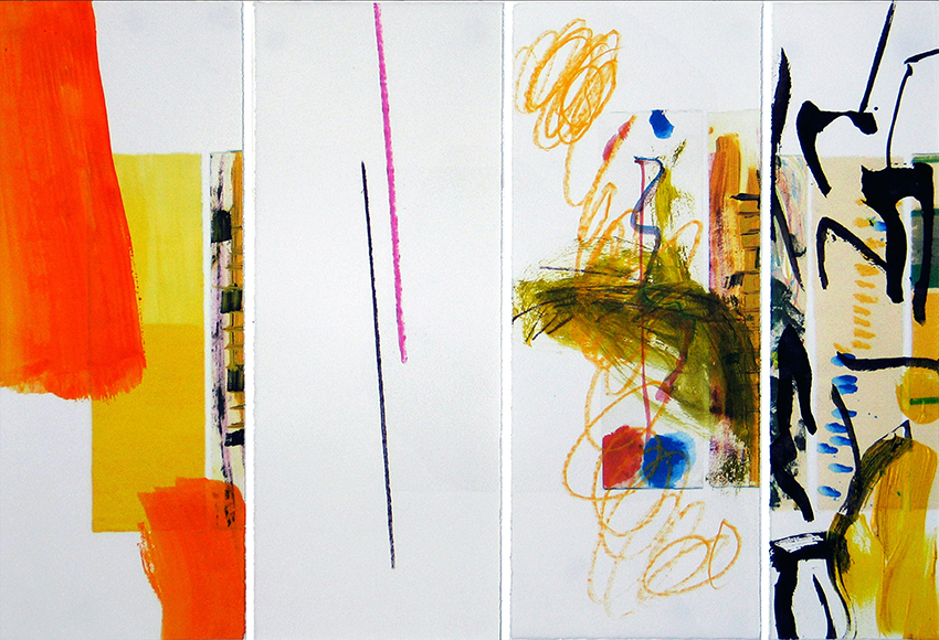 quadriptyque, 32,7cm x 49,5cm, acrylique, fusain & crayons aquarelle sur papier avec impressions, 2004