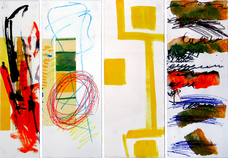 quadriptyque, 32,7cm x 49cm, acrylique, fusain & crayons aquarelle sur papier avec impressions, 2004